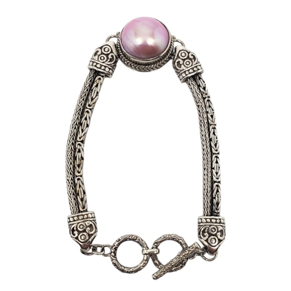 Sterling Silver Pink Mabe Pearl Chain Bracelet #21169 - Picture 6 of 10